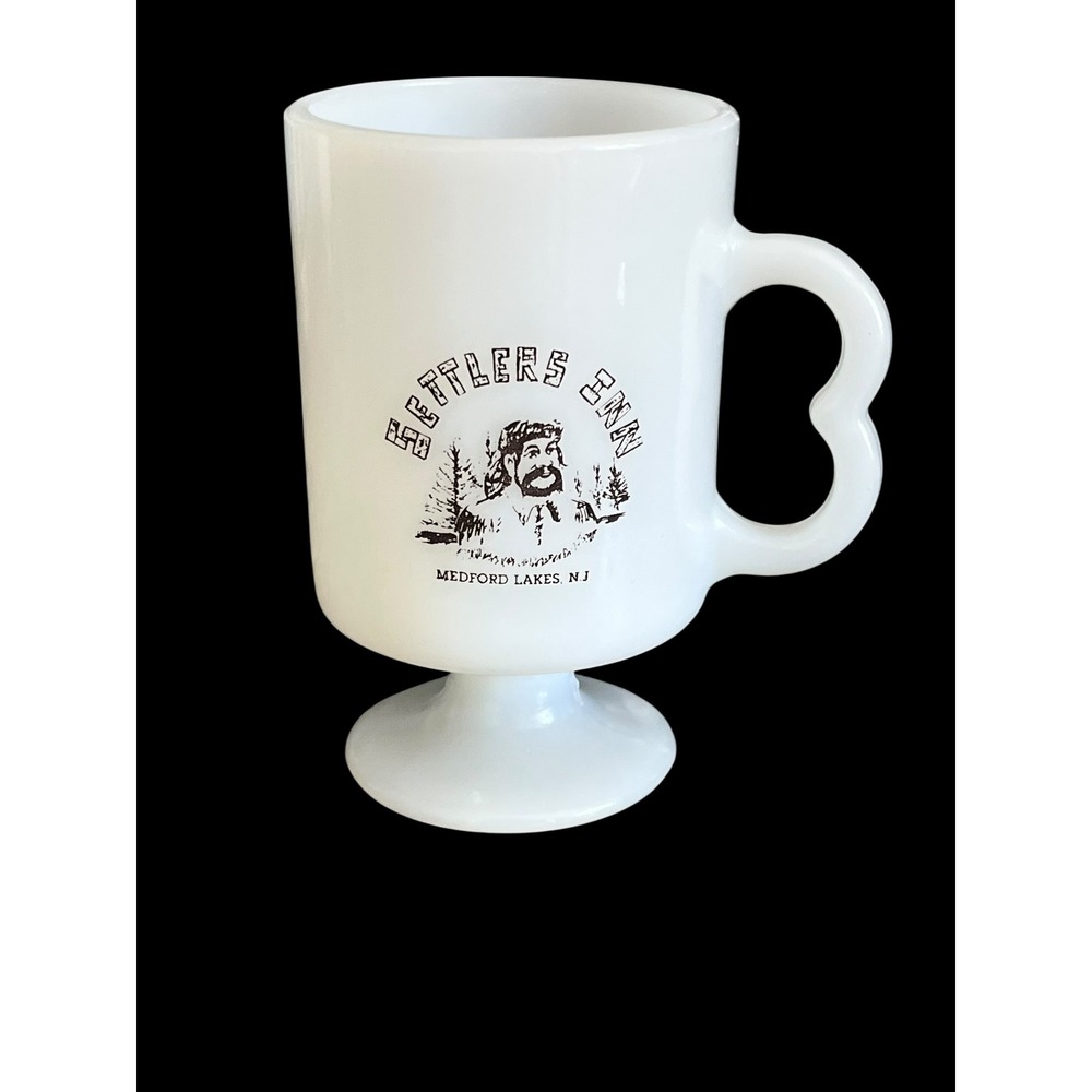 Vintage Settlers Inn Medford Lakes NJ Milk Glass Footed Mug B Handle White